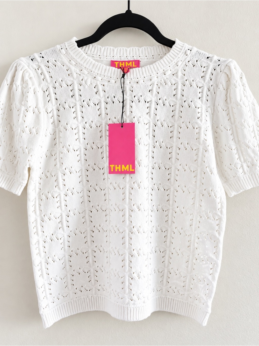 THML White Eyelet Knit Short Sleeve Crewneck Top with Pink Tag